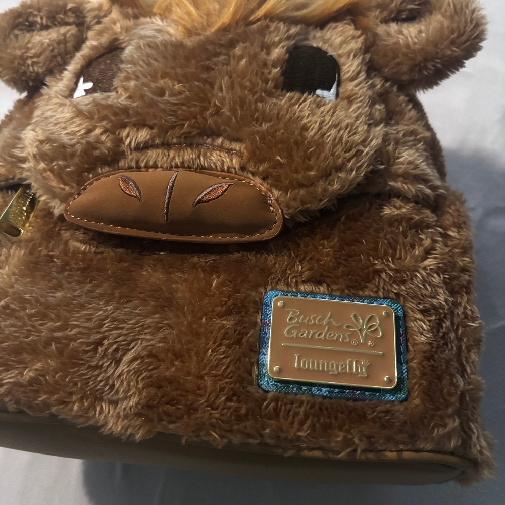 Loungefly Busch Gardens Highland Cow Plush Mini Backpack Brown Plaid NWT Hairy - Picture 2 of 8